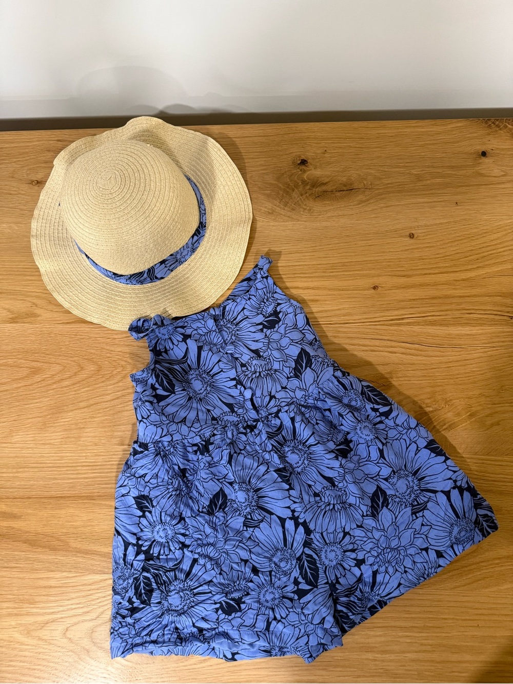 Girls' Blue Floral Romper Shorts with Matching Sun Hat